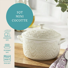 The Pioneer Woman 1QT Cocotte Casserole Baking Dish with Lid, Stoneware, Vintage Lace, Linen