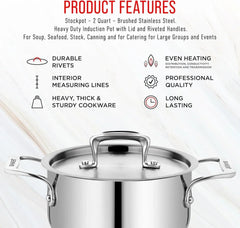 Stockpot – 2 Quart to 24 Quart – Brushed Stainless Steel – Heavy Duty Induction Pot with Lid and Riveted Handles – For Soup, Seafood, Stock, Canning and for Catering for Large Groups and Events by BAKKEN