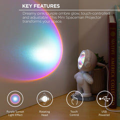 Mini Astronaut Projector Night Light Merkury Innovations- Purple Sunset, Rotating Head, USB Powered