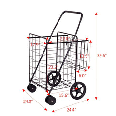 Costway Folding Shopping Cart Jumbo Basket Grocery Laundry with Swivel Wheels Black