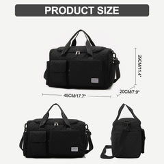 DAKIMOE Travel Duffle Bag for Women Men, Weekender Bags Carry on Gym Bag with Wet Pocket/Adjustable Strap/Shoe Compartment, Foldable Waterproof Overnight Tote Bag for Plane Sports Dance, Black