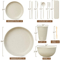 TINANA Wheat Straw Dinnerware Set, Service for 4, 48 PCS Unbreakable Plastic Plates and Bowls Sets, Dishwasher Microwave Safe, Beige