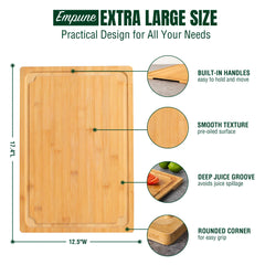 Empune Extra Large Bamboo Cutting Board, 19.9" Wooden Chopping Board for Kitchen with Juice Groove and Built-in Handles