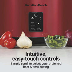 Hamilton Beach 7 Qt Programmable Slow Cooker, Stoneware Crock with Removable Pot, Includes Party Dipper Food Warmer, Red