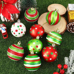 18-Pack Christmas Ornament Balls, 2.4 Inch Glittered Plastic Baubles with Polka Dot Designs, Red Green White Hanging Decor for Xmas Tree, Home, Party - USA MEGA SHOP