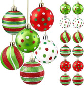 18-Pack Christmas Ornament Balls, 2.4 Inch Glittered Plastic Baubles with Polka Dot Designs, Red Green White Hanging Decor for Xmas Tree, Home, Party