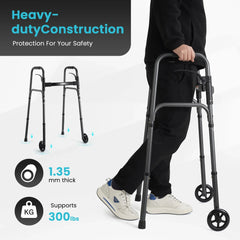 Naipo Compact Folding Walker for Seniors & Adults, Deluxe Lightweight Mobility Aids Walker with 5" Wheels and Trigger Release up to 300 lbs, Aluminium