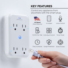 Merkury Innovations Smart 4-Outlet Wall Extender, 15A 1800W, Wi-Fi Enabled, Works with Alexa & Google Assistant – White