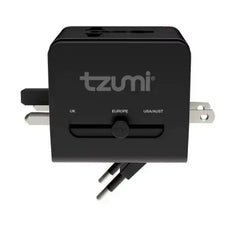Tzumi Universal Travel Adapter with USB-C and Dual USB-A Ports - Black