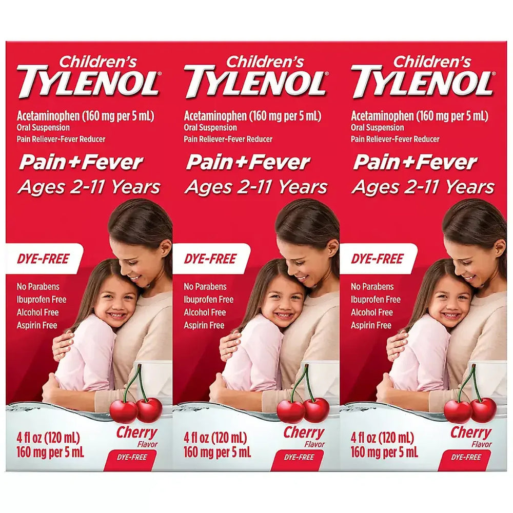 Children's Tylenol Pain + Fever Dye-Free Medicine Cherry Flavor, 3 x 4 fl. oz. - USA MEGA SHOP