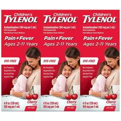 Children's Tylenol Pain + Fever Dye-Free Medicine Cherry Flavor, 3 x 4 fl. oz. - USA MEGA SHOP