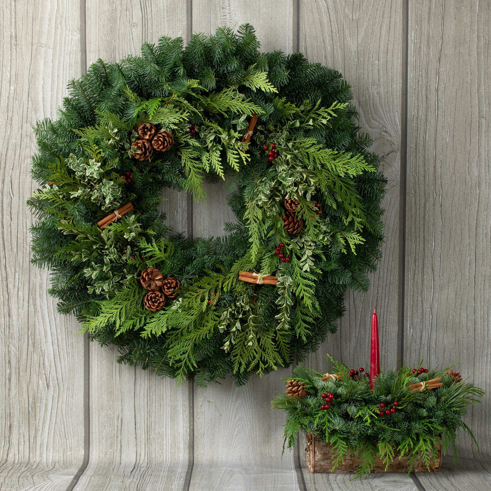 28" Fresh Cinnamon Stick Wreath and Birch Log Centerpiece Bundle