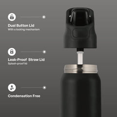 TAL 32oz Stainless Steel Dual Sport Water Bottle with Silicone Straw and Lock Lid, Black