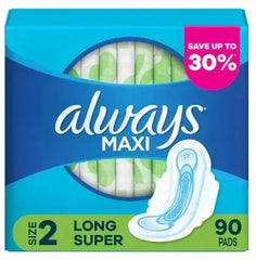 Always Long and Super Maxi Pads with Flexi-Wings Multipack, 90 ct.