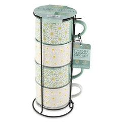 Thyme & Table 11.1 fl oz White and Green Floral Stoneware Stacking Mugs with Wire Rack, Set of 4