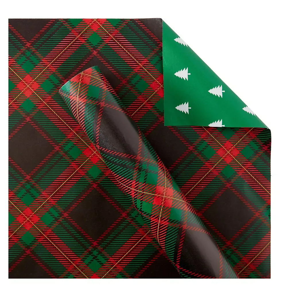 Berkley Jensen 300 sq. ft. Reversible Christmas Gift Wrap, Plaid and Trees - USA MEGA SHOP