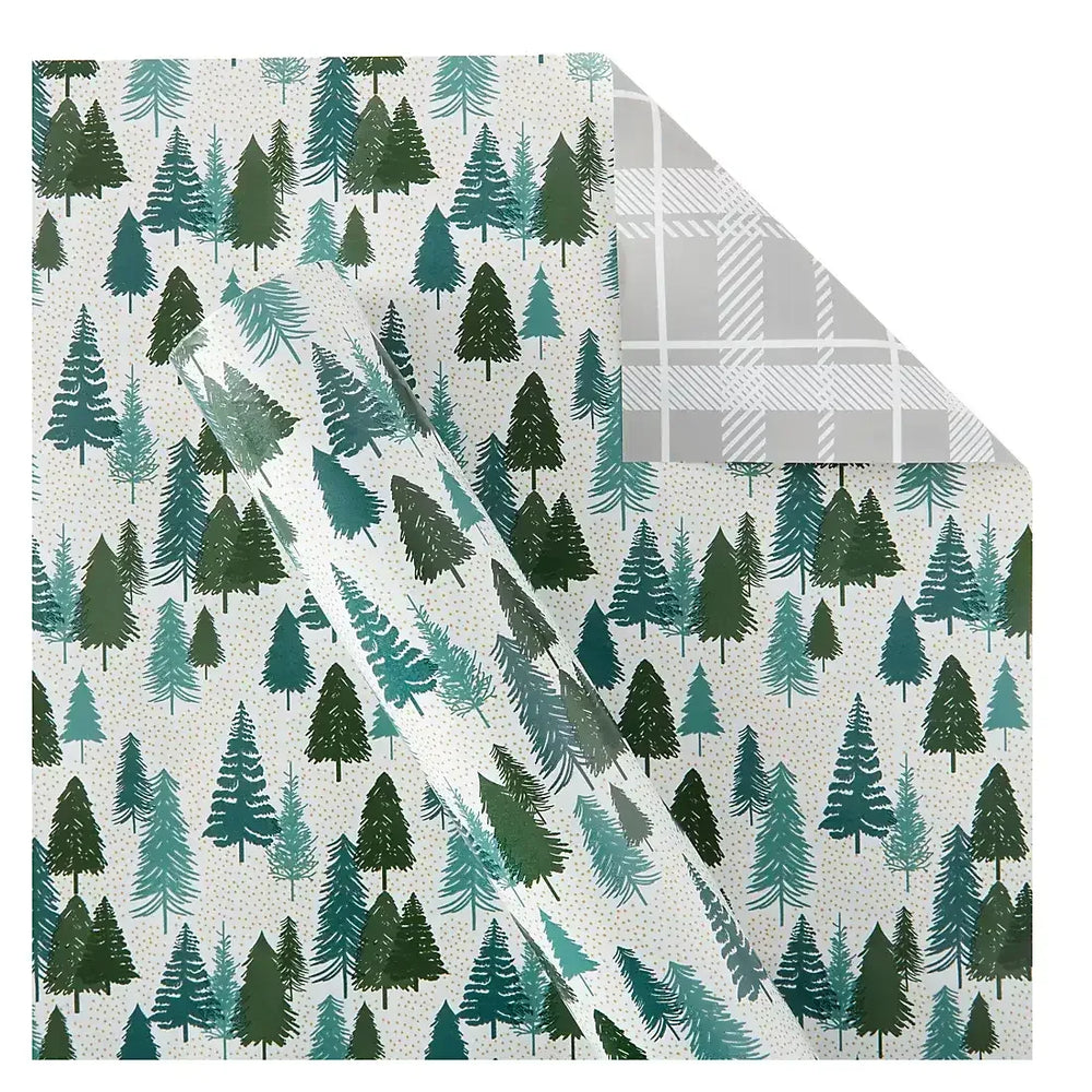 Berkley Jensen 300 sq. ft. Reversible Christmas Gift Wrap, Trees and Grey Plaid - USA MEGA SHOP