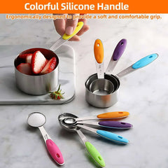 Measuring Cups and Spoons Set of 15, Kitchen Measuring Tool with Colored Silicone Handle, Including 5 Nesting Measuring Cups, 5 Spoons, 5 Mini Spoons Stainless Steel for Cooking Baking