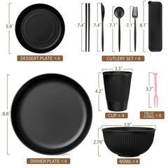 TINANA Wheat Straw Dinnerware Set, Service for 4, 48 PCS Unbreakable Plastic Plates and Bowls Sets, Dishwasher Microwave Safe, Black