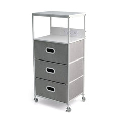 3-Drawer Rolling Cart with USB Power, Two Top Shelves, Built-in Charging Ports