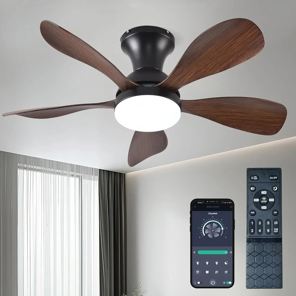 33In Low Profile Ceiling Fans with Lights and Remote/APP Control,Modern Flush Mount Ceiling Fan with 5 Reversible Blades for Outdoor Patio,Small Room,Bedroom(Black+Brown - USA MEGA SHOP