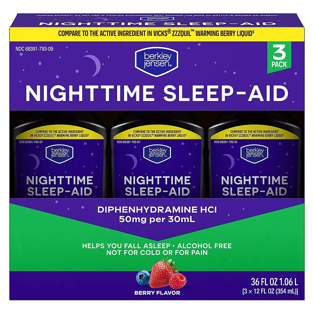 Berkley Jensen Night Time Sleep Aid Diphenhydramine HCl 50mg Liquid, 3 pk./12 fl. oz.