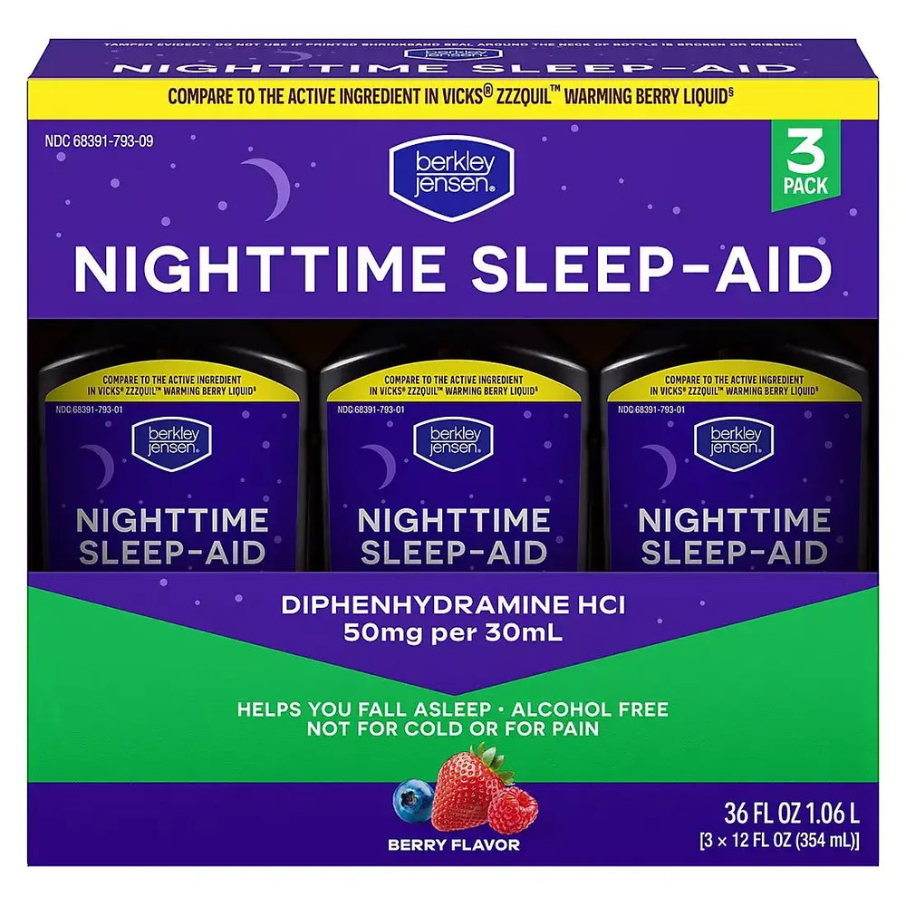 Berkley Jensen Night Time Sleep Aid Diphenhydramine HCl 50mg Liquid, 3 pk./12 fl. oz. - USA MEGA SHOP