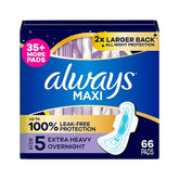 Always Maxi Overnight Pads with Wings for Women, Size 5, Extra Heavy Overnight Absorbency, 66 ct. - USA MEGA SHOP