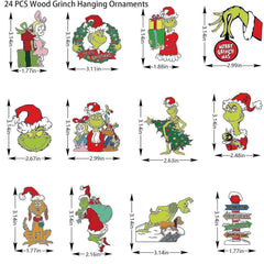 24PCS Wooden Christmas Tree Decorations, Grinch Christmas Tree Hanging Ornament, Print Holiday Xmas Ornaments Christmas Decorations Indoors