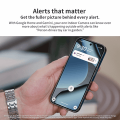 onn Indoor Camera Wired, 1080p HDR Video, with Google Home and Gemini – Search Video History, Event Descriptions