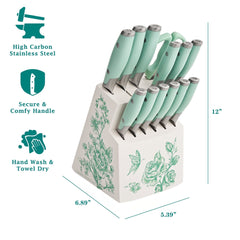 The Pioneer Woman 14 Pieces Knife Set with Decal Block Stainless Steel Knives, Forged, Green Agatha