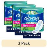 Always ultra thin pads 3-pack with wings, long super, size 2, 58 count