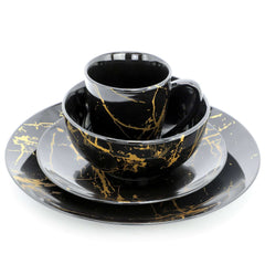 Elama Fine Marble 16 Piece Porcelain Dinnerware Set in Black with Gold Veins