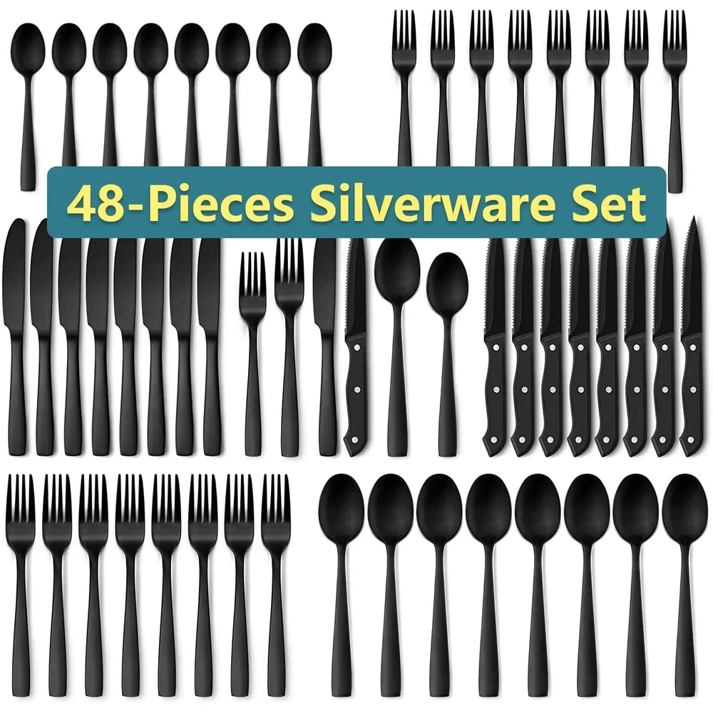 48-Piece Mirror Finished Black Silverware Set with Steak Knives, Black Flatware Set for 8, Stainless Steel Tableware Cutlery Set, Utensil Sets for Kitchen - USA MEGA SHOP