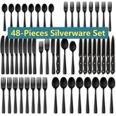 48-Piece Mirror Finished Black Silverware Set with Steak Knives, Black Flatware Set for 8, Stainless Steel Tableware Cutlery Set, Utensil Sets for Kitchen