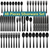 48-Piece Mirror Finished Black Silverware Set with Steak Knives, Black Flatware Set for 8, Stainless Steel Tableware Cutlery Set, Utensil Sets for Kitchen - USA MEGA SHOP