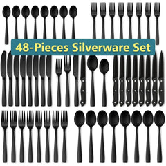 48-Piece Mirror Finished Black Silverware Set with Steak Knives, Black Flatware Set for 8, Stainless Steel Tableware Cutlery Set, Utensil Sets for Kitchen - USA MEGA SHOP
