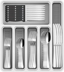 48-Piece Silverware Set with Organizer, Stainless Steel Silverware Flatware Set for 8, Kitchen Utensils with Steak Knives, Mirror Polished Dinner Knife, Forks, Spoons, Tableware Serving Tray