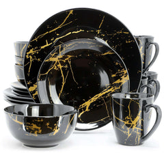 Elama Fine Marble 16 Piece Porcelain Dinnerware Set in Black with Gold Veins