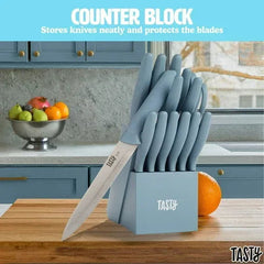 Tasty 15-Piece Stainless Steel Kitchen Knife Set With Block, Soft-Grip Handles Slate Blue