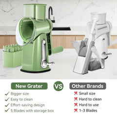 Pukomc Rotary Cheese Grater with Handle- 5 Blades, Suction Base, Mandoline Slicer & Veg Shredder with Blade Storage Box(Green)
