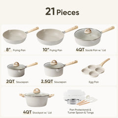 Carote 21pcs Pots and Pans Set Non Stick, Cookware Set Induction Ready, Kitchen Cooking Set, Beige