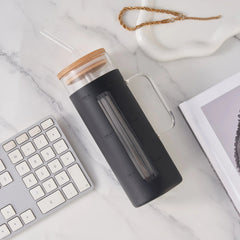Mainstays Glass 22oz Tumbler with Black Protective Silicone Sleeve, Bamboo lid, Glass Straw