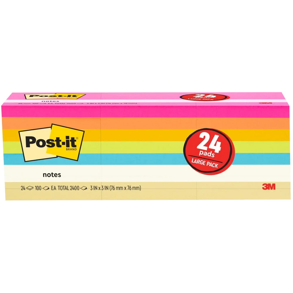 Post-it Notes, 3” x 3”, Assorted Bright Colors, 100 Sheets, 24 Pads - USA MEGA SHOP