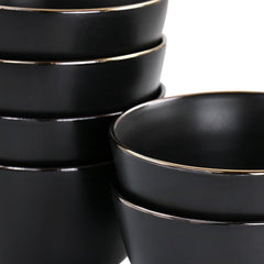 Elama Paul 6 Piece Stoneware Bowl Set in Matt Black with Gold Rim