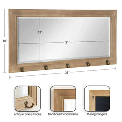Kate and Laurel Pub Mirror with 5 Metal Hooks, Rustic Gray