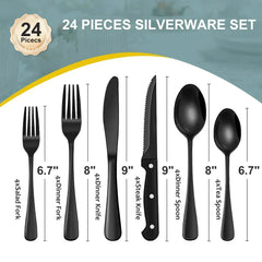 Bluebow Black Silverware Set with Steak Knives, Flatware Cutlery Set for 4, Food-Grade Stainless Steel Kitchen Tableware Set