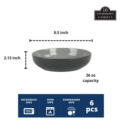 10 Strawberry Street Two Tone Coupe 8.5”/36 Oz. Dinner Bowl Set Of 6, Black/Gray