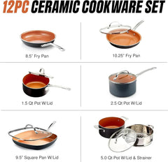 Gotham Steel 12-Piece Ceramic Cookware Set, Nonstick, Nontoxic, Oven & Dishwasher Safe, Stay Cool Handles Ceramic Cookware Set, Copper
