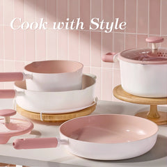 Carote 14-Piece Pots and Pans Set, Ceramic Nonstick Cookware Set with Steamer,Induction Compatible, Pink